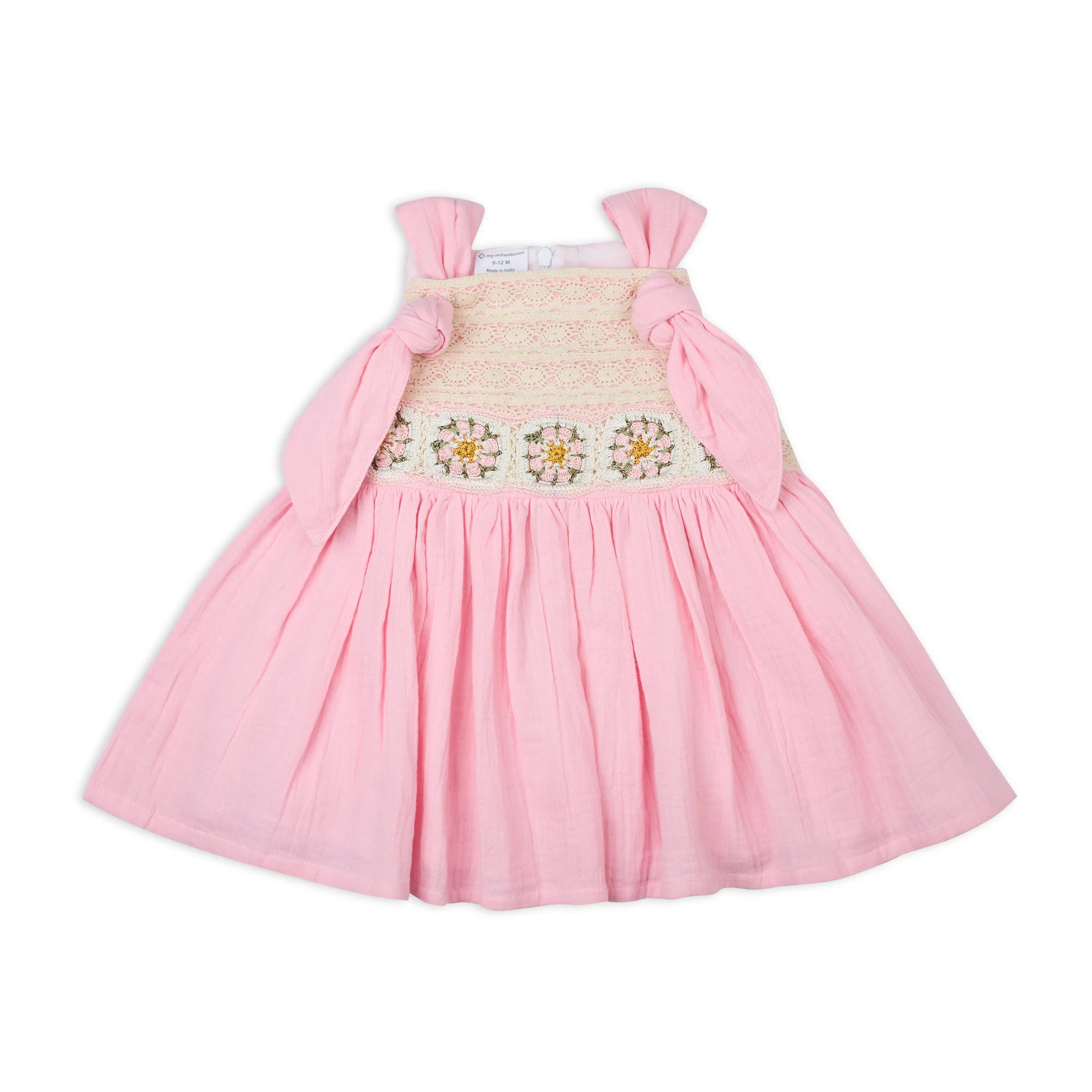 My Milestones Opal Handcrafted Crochet Double Cloth Dress with Knot Details - Pink
