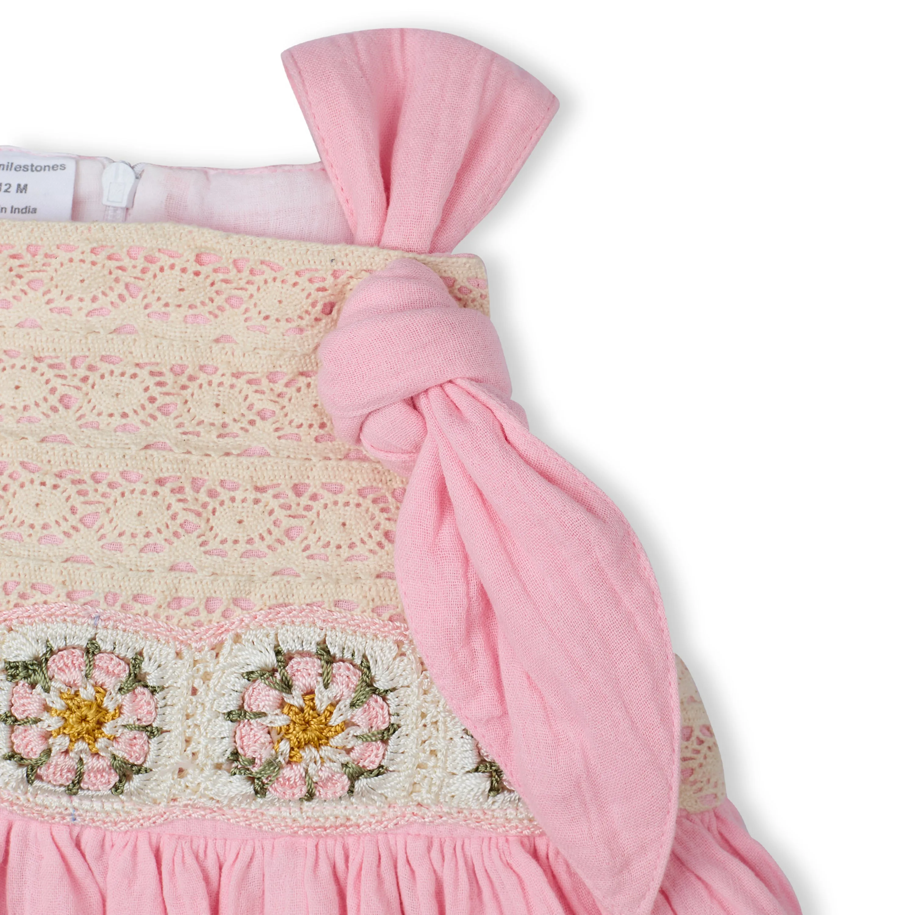 My Milestones Opal Handcrafted Crochet Double Cloth Dress with Knot Details - Pink