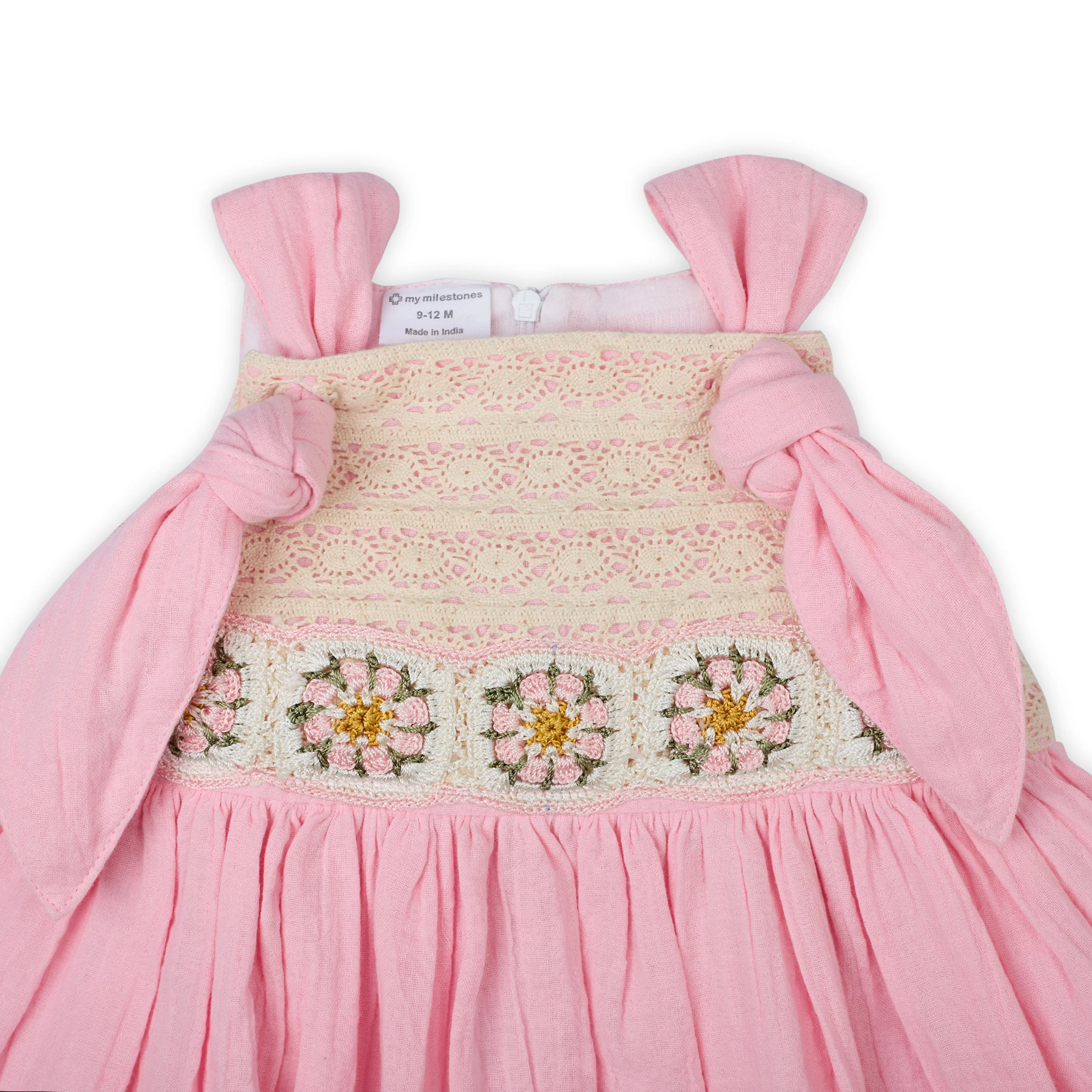 My Milestones Opal Handcrafted Crochet Double Cloth Dress with Knot Details - Pink